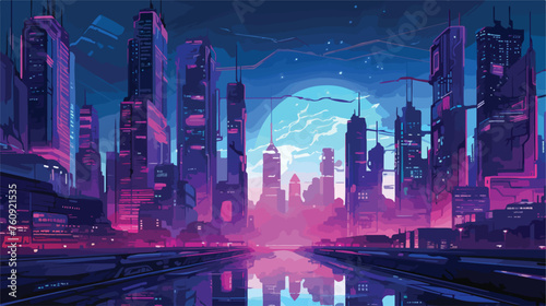 Cyberpunk metropolis with towering skyscrapers and photo