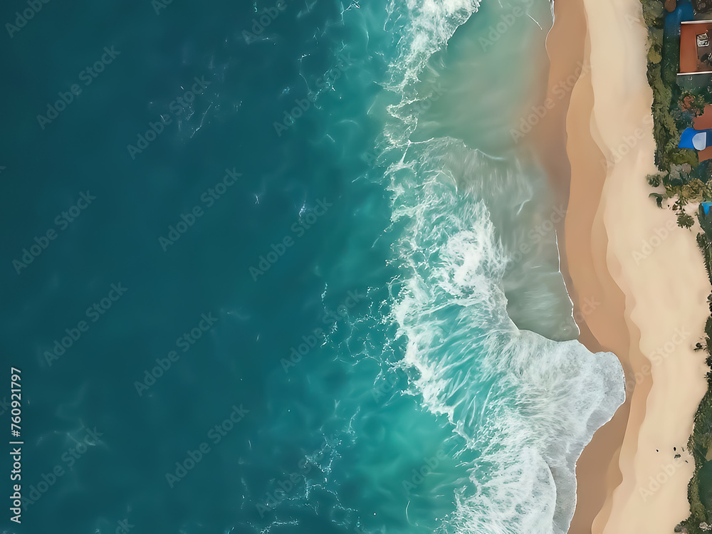 Ocean waves. Azure sea surface. A strip of beach. View from above