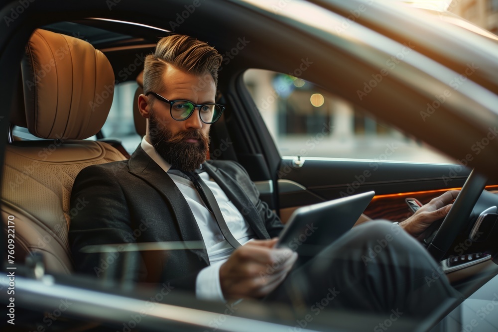 Realistic photo of a handsome and smart businessman using a tablet to make business contacts and deals online, sitting in a luxury private car --ar 3:2 Job ID: b0550de1-d1a5-4fa8-a5c2-96e4ca4ae553