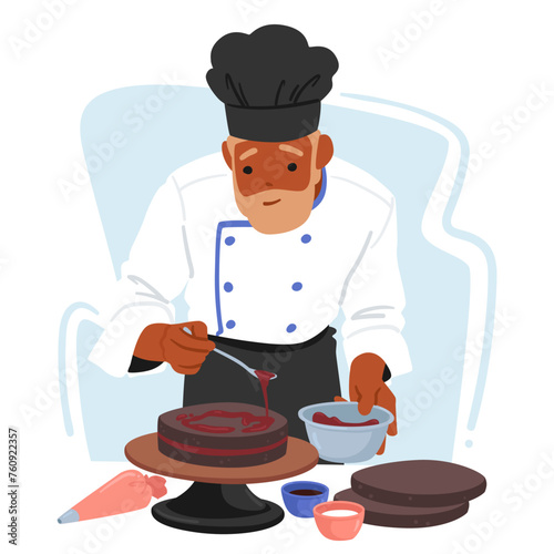 Adept Male Confectioner Character Meticulously Soaks The Cake Layers With Luscious Jam or Syrup, Vector Illustration
