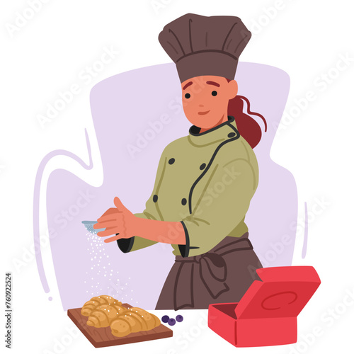 Female Confectioner Character Dust Golden Croissants With A Snowy Veil Of Powdered Sugar, Vector Illustration
