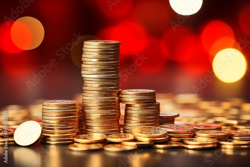 Stacks of coins on red table with bokeh background.