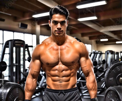 Bodybuilder Fitness Body Muscle Fit power. A confident bodybuilder in gym. Well-defined physique, beard, sports outfit, and direct gaze. Gym equipped with various exercise machines