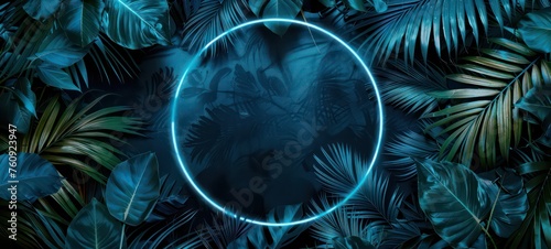 Leaves plant wall and neon light template. 3d rendering of blue circle neon light with tropical leaves. Flat lay of minimal nature style. Party, christmas, shopping, event, tropical background.