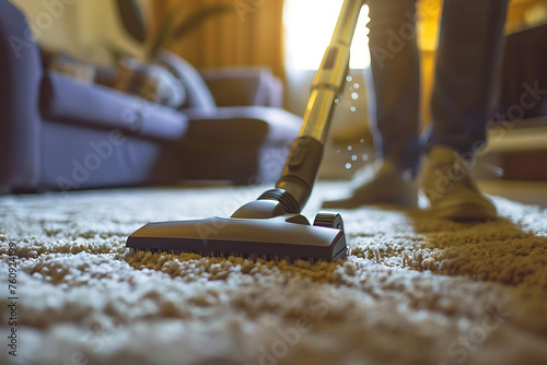 Person Using Vacuum Cleaner on Carpet © Maksym