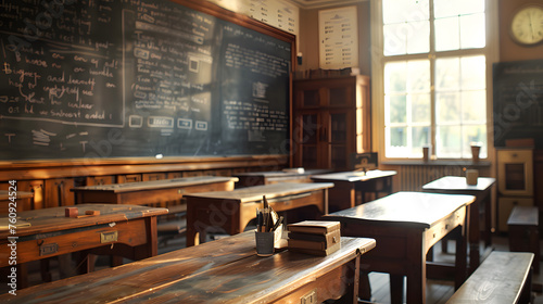 A vintage classroom with wooden desks, blackboards, and inkwells, with details of the desks' Anordnung, the blackboards' handwritten text, and the inkwells' ink stains.