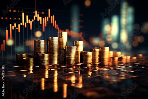 Stacks of coins on dark table with graph background.