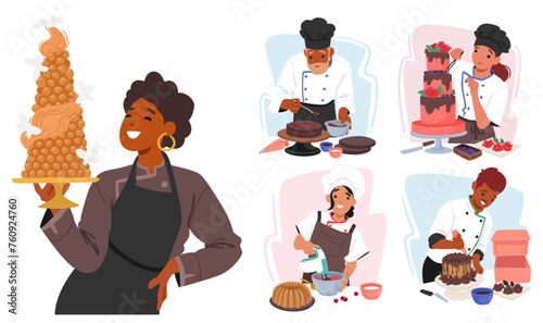 Set of Confectioners Characters. Skilled Professionals Craft Sweets, Chocolate And Desserts, Combining Culinary Artistry
