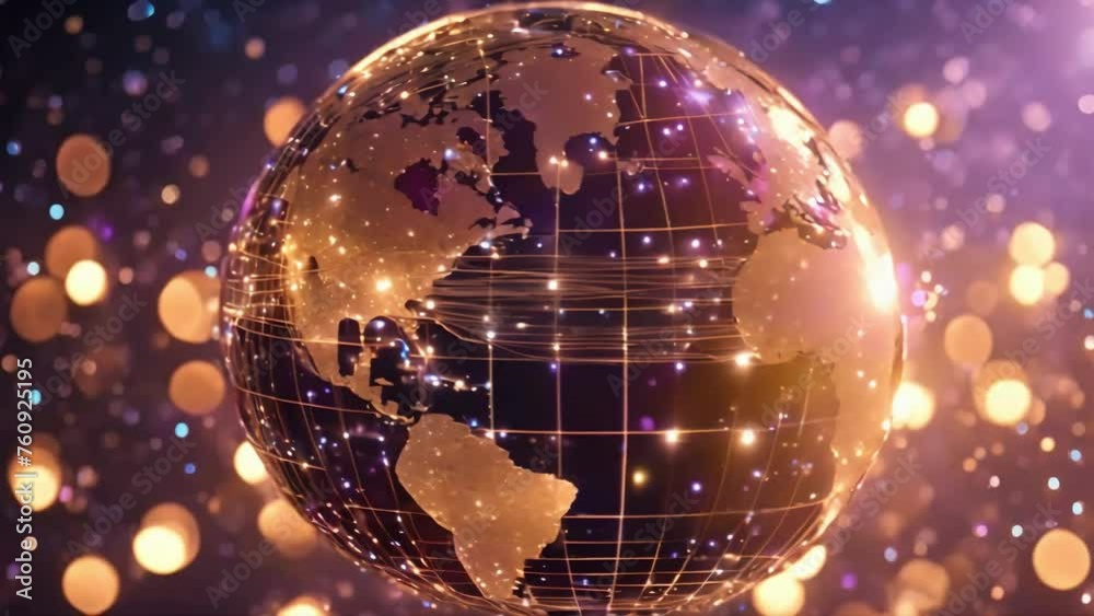 Glistening Earth with curving network lines, depicting a digital web of ...
