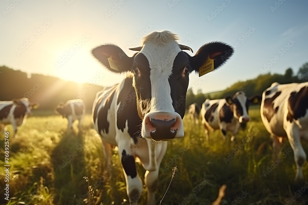 Cows grazing on a green meadow with mountains and blue sky