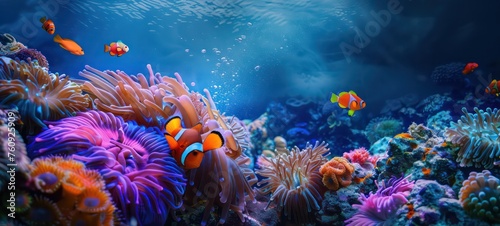 Clown fish swimming on anemone underwater reef background