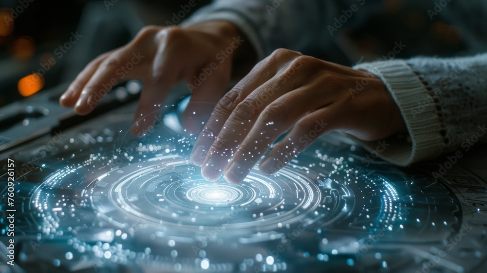A person's hands hover above a glowing holographic display with intricate patterns, suggesting an interaction with advanced technology