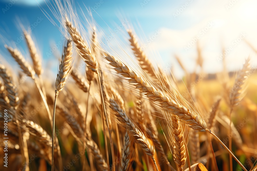 Fototapeta premium Ears of wheat on the field in the rays of the setting sun
