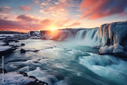 Icelandic winter landscape. Dramatic sunset over Gullfoss waterfall. © Creative
