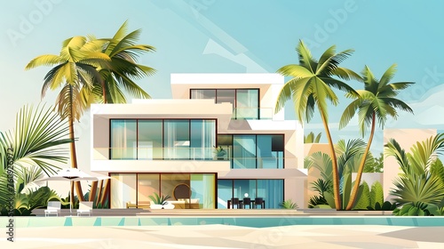 Geometric abstract house or hotel. Beach house or villa among palm trees. Summer vacation concept background with copy space.  © Ziyan