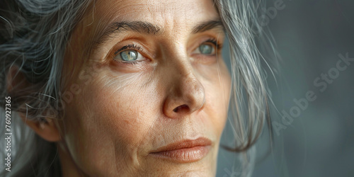 A woman with grey hair and a blue eye stares off into the distance