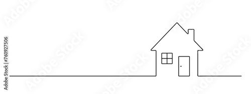 house continuous one line drawing, cottage building lineart, black line vector illustration, editable stroke, horizontal design element