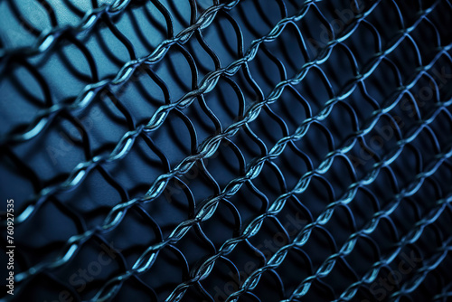 A close-up of a metallic chain-link fence, illuminated, showcasing intricate details and casting complex shadows.
