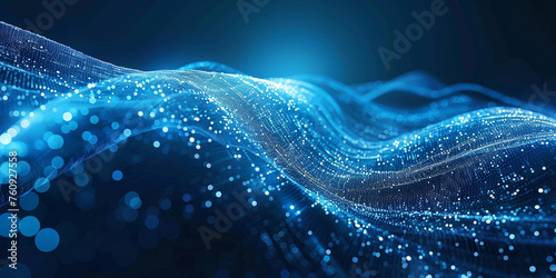 3d rendering of abstract blue particles wave with depth of field and bokeh effect
