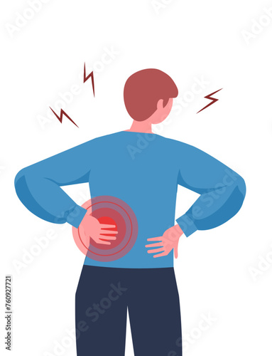 A young modern man in casual clothes holding his back. Man suffering from backache. Kidneys pain. World kidney day. Flat vector illustration isolated on white background.