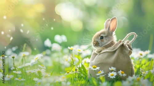 Cute bunny in a bag on a green background with daisies