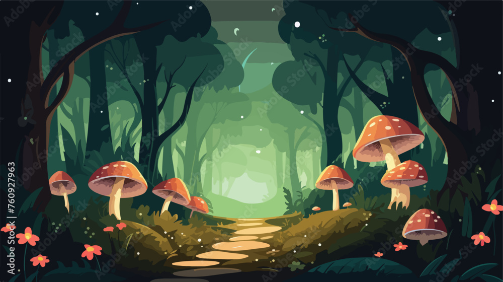 Enchanting forest glade with mushrooms and fireflie - obrazy, fototapety, plakaty 