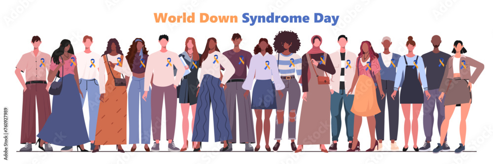 Fototapeta premium World Down Syndrome Day banner. Multiethnic men and women stand together with a yellow blue ribbons, a symbol of solidarity with those affected by the disease. Flat vector illustration 