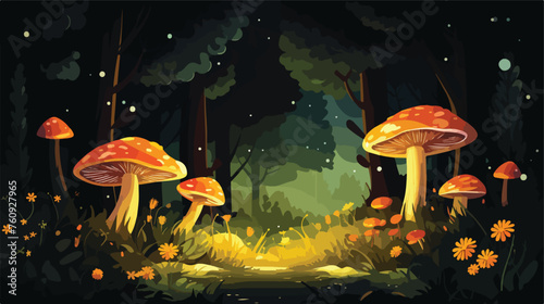 Enchanting forest glade with mushrooms and fireflie
