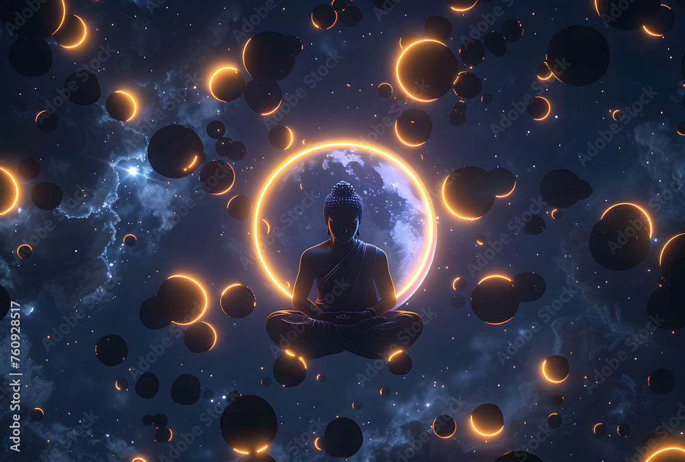 A meditating figure surrounded by floating orbs, symbolizing the ...