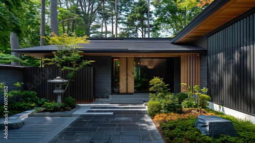 Main entrance door. Japanese, minimalist style exterior of villa in forest. Black panel walls and timber wood lining front door. Front yard with beautiful landscape design.