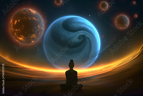A meditating figure surrounded by floating orbs, symbolizing the universe. Dark cosmic background with glowing elements and vibrant colors. Surrealistic elements and glowing chakra digital art.