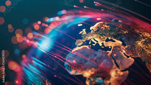 Fiber optic cables wrapped around the globe, showcasing the infrastructure behind global internet connectivity, with copy space