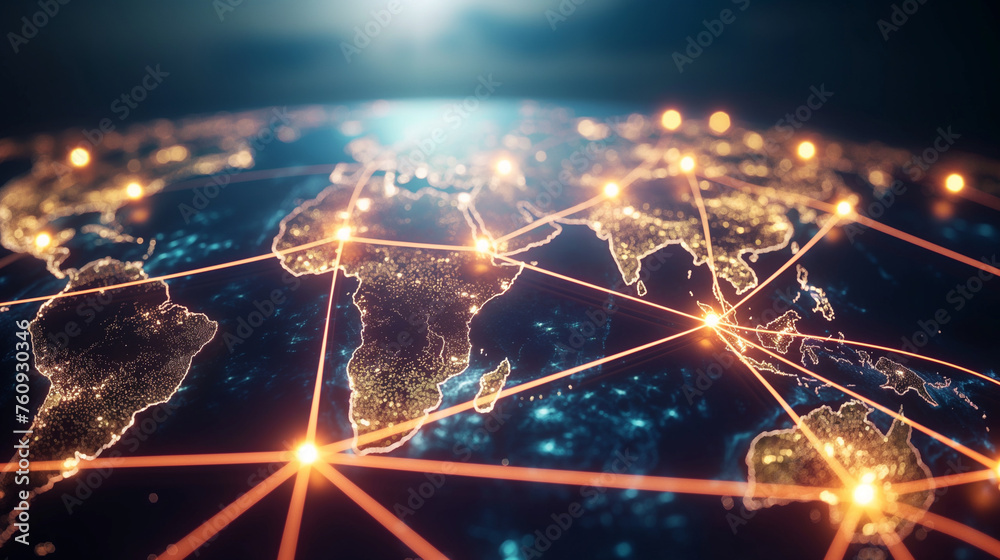 A glowing network connecting major cities around the world, symbolizing international business operations and logistics, with copy space - obrazy, fototapety, plakaty 