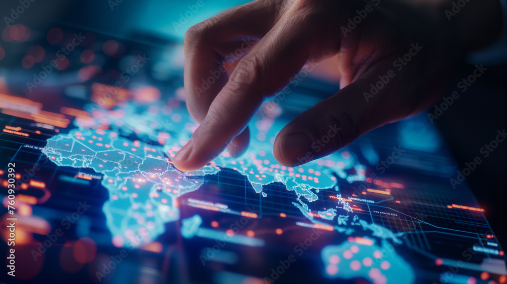 Close-up of a hand touching a part of a glowing interactive world map on a touch screen, pinpointing market opportunities, with copy space Close-up of a hand touching a part of a glowing interactive world map on a touch screen, pinpointing market opportunities, with copy space