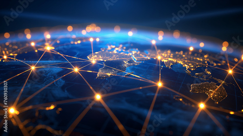 A glowing network connecting major cities around the world, symbolizing international business operations and logistics, with copy space