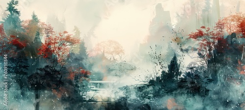 Japanese landscape in watercolor with a fairy garden, ink landscape painting created digitally photo