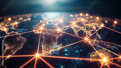 A glowing network connecting major cities around the world, symbolizing international business operations and logistics, with copy space photo