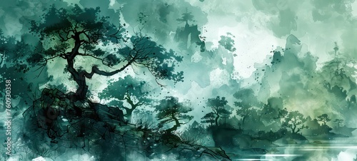 Japanese landscape in watercolor with a fairy garden, ink landscape painting created digitally photo