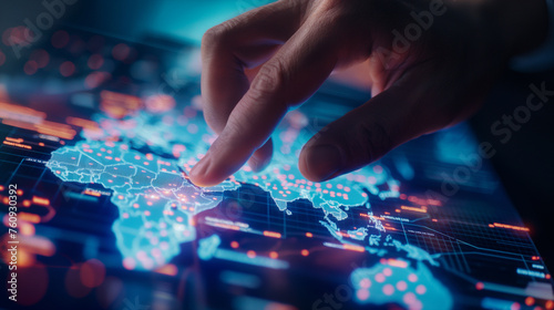 Close-up of a hand touching a part of a glowing interactive world map on a touch screen, pinpointing market opportunities, with copy space