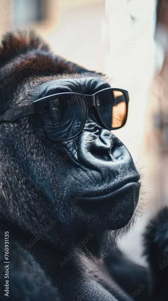 Portrait of a gorilla with sunglasses, close-up portrait.