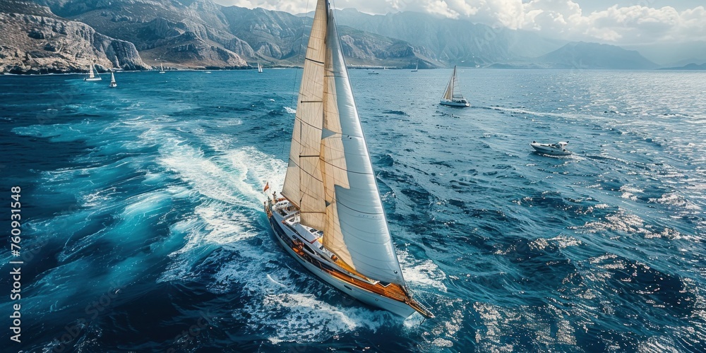Yacht regatta with white sails on the open sea - obrazy, fototapety, plakaty 