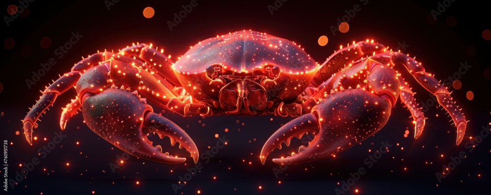 Detailed 3D Rendering of Glowing Red Crab on Black Background with Realistic Anatomy, Claws Raised - obrazy, fototapety, plakaty 