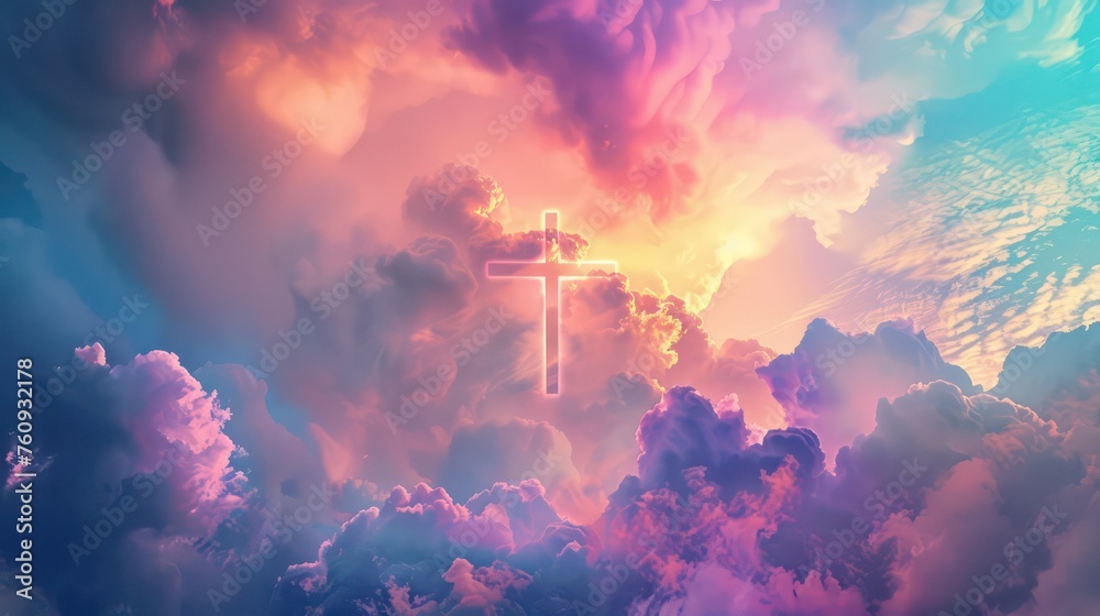 Jesus cross symbol on colorful clouds background - obrazy, fototapety, plakaty 