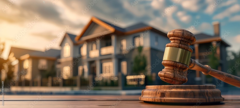 Judge gavel on background of private house, court hammer, housing estate, concept of land, construction, housing, family, bankruptcy law and home purchase - obrazy, fototapety, plakaty 
