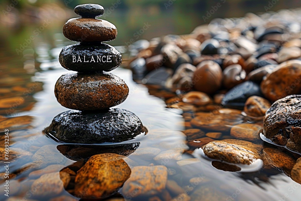 Harmony in Nature depicts a serene Zen garden with carefully stacked stones bearing the word BALANCE, reflecting in the tranquil water.