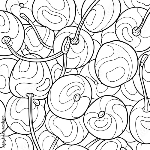 Cherry berries coloring page. Fruits close up, top view. Cherries background, summer drawing. Fresh ripe sweet cherry fruits