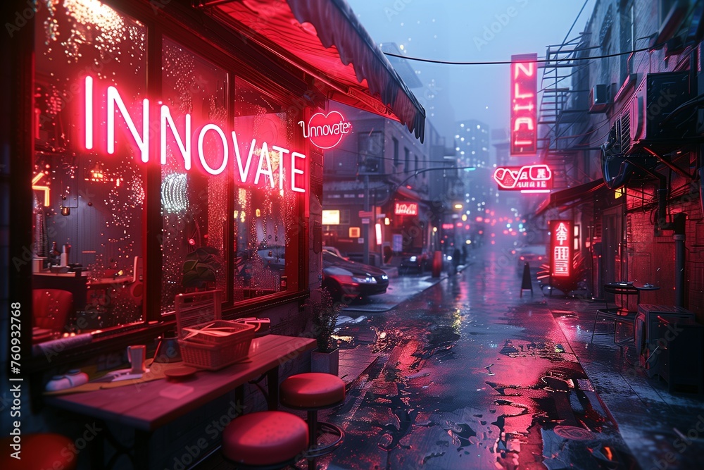 A sleek cityscape bathed in rain, highlighted by the glowing 'Innovate' signage, symbolizing forward-thinking urban development.