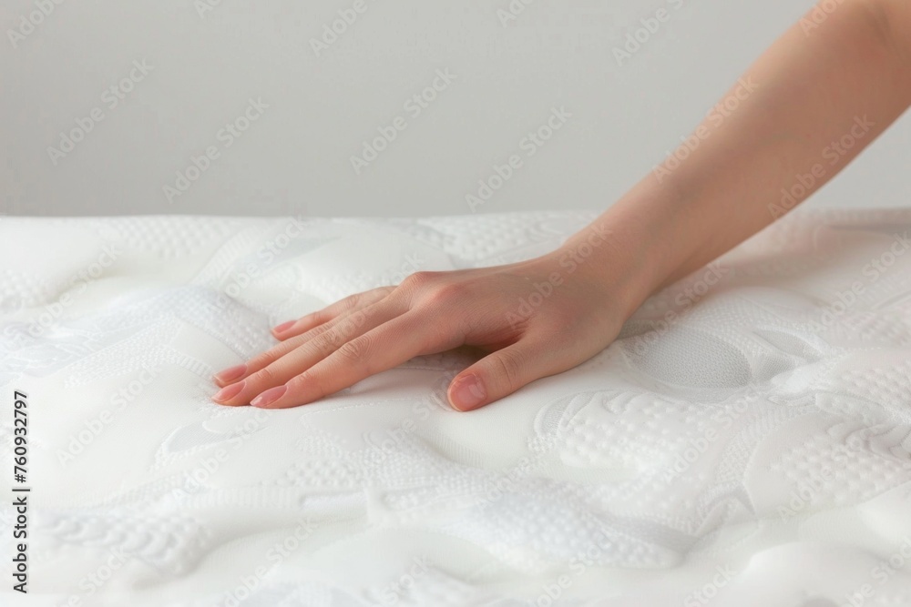 Precise selection: the hand tests the bed mattress, ensuring a perfect sleep and comfortable rest Precise selection: the hand tests the bed mattress, ensuring a perfect sleep and comfortable rest