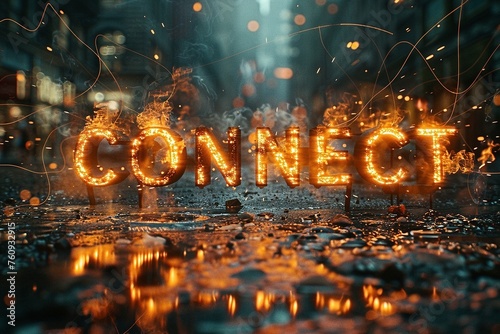 Glowing Network Connections with CONNECT Text, a network of glowing connections with the luminescent text CONNECT, symbolizing technological interconnectivity.