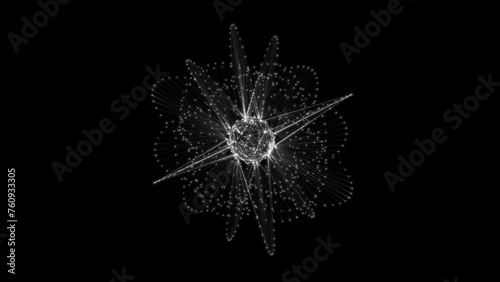 Flowing orbital polygonal sphere shape HUD, FUI element. Plexus style connecting lines and dots.